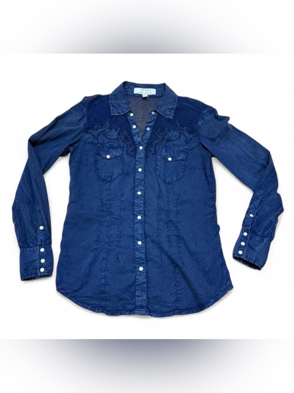 Vtg Ryan Michael Pearl Snap Western Denim Shirt w/ Embroidery detail- Navy